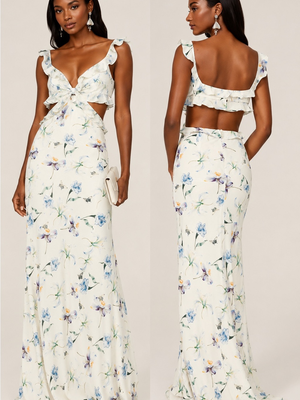 Sau Lee Floral Maxi Dress US 10 Blush Pink Blue Ruffle Sleeveless V-Neck Formal - Picture 2 of 5